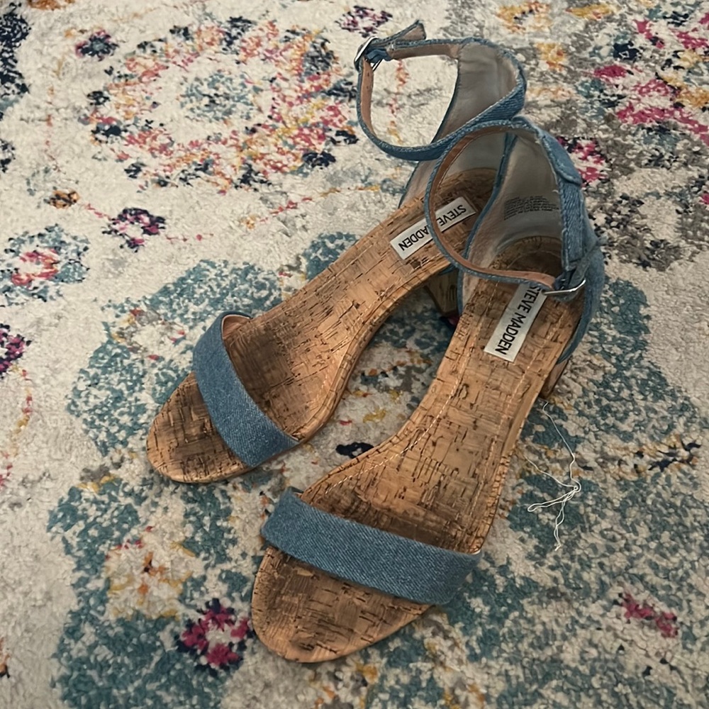 Steve Madden Irenee Denim Cork Ankle Strap Sandals, size 8.5